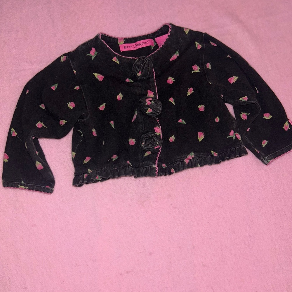 Betsey Johnson Black Floral Cardigan rose bud cardigan crop 12 M vintage